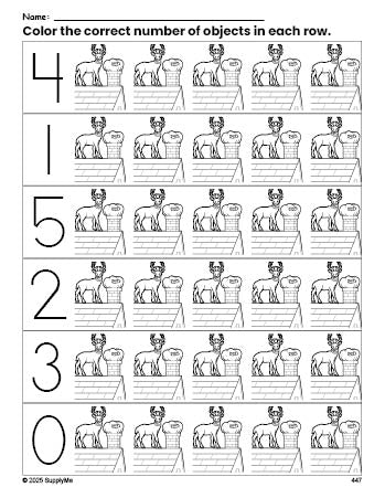 Free printable reindeer Christmas count and color worksheet for preschoolers, Christmas coloring page and counting worksheet numbers 0-5, PDF