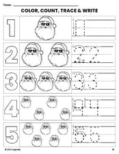 Free printable Santa Christmas coloring page and number tracing worksheet, numbers 1-5 counting worksheet for preschool and pre-k
