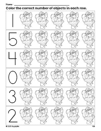 Free printable Santa Christmas count and color worksheet for preschoolers, Christmas coloring page and counting worksheet numbers 0-5, PDF