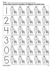 Free printable Santa Christmas count and color worksheet for preschoolers, Christmas coloring page and counting worksheet numbers 0-5, PDF