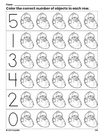 Free printable Santa Christmas count and color worksheet for preschoolers, Christmas coloring page and counting worksheet numbers 0-5, PDF
