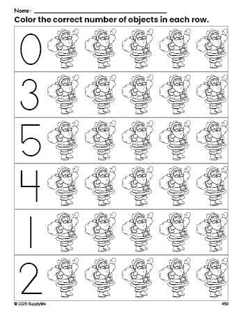 Free printable Santa Christmas count and color worksheet for preschoolers, Christmas coloring page and counting worksheet numbers 0-5, PDF