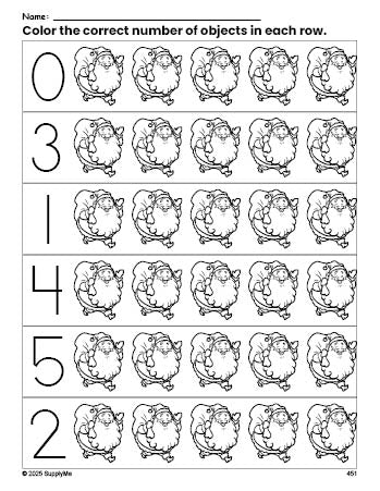 Free printable Santa Christmas count and color worksheet for preschoolers, Christmas coloring page and counting worksheet numbers 0-5, PDF