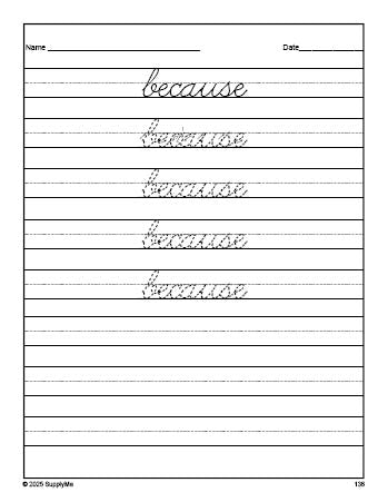 Free second grade sight word cursive tracing worksheet, high frequency word 'because', second 100 fry sight words, Dolch, PDF