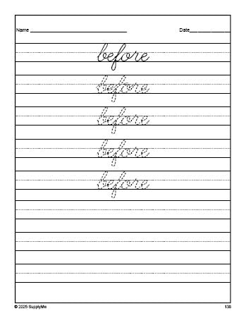 Free second grade sight word cursive tracing worksheet, high frequency word 'before', second 100 fry sight words, Dolch, PDF