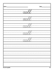 Free second grade sight word cursive tracing worksheet, high frequency word 'call', Dolch, PDF