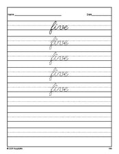 Free second grade sight word cursive tracing worksheet, high frequency word 'five', fourth 100 fry sight words, Dolch, PDF
