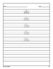 Free second grade sight word cursive tracing worksheet, high frequency word 'its', first 100 fry sight words, Dolch, PDF