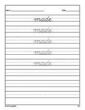 Free second grade sight word cursive tracing worksheet, high frequency word 'made', first 100 fry sight words, Dolch, PDF