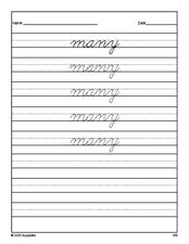 Free second grade sight word cursive tracing worksheet, high frequency word 'many', first 100 fry sight words, Dolch, PDF