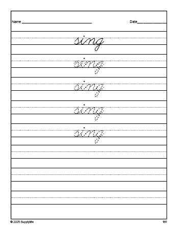 Free second grade sight word cursive tracing worksheet, high frequency word 'sing', fourth 100 fry sight words, Dolch, PDF