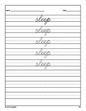 Free second grade sight word cursive tracing worksheet, high frequency word 'sleep', seventh 100 fry sight words, Dolch, PDF