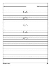 Free second grade sight word cursive tracing worksheet, high frequency word 'us', second 100 fry sight words, Dolch, PDF