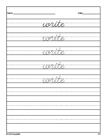 Free second grade sight word cursive tracing worksheet, high frequency word 'write', first 100 fry sight words, Dolch, PDF