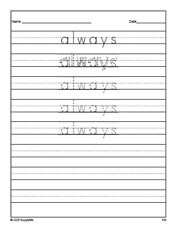 Free second grade sight word tracing worksheet, high frequency word 'always', third 100 fry sight words, Dolch, PDF
