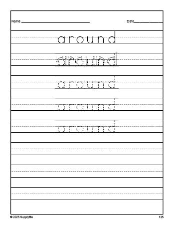 Free second grade sight word tracing worksheet, high frequency word 'around', second 100 fry sight words, Dolch, PDF