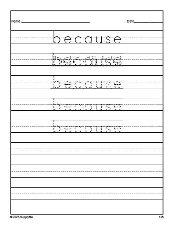 Free second grade sight word tracing worksheet, high frequency word 'because', second 100 fry sight words, Dolch, PDF