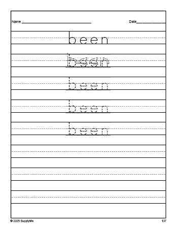 Free second grade sight word tracing worksheet, high frequency word 'been', first 100 fry sight words, Dolch, PDF