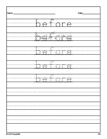 Free second grade sight word tracing worksheet, high frequency word 'before', second 100 fry sight words, Dolch, PDF