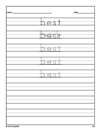 Free second grade sight word tracing worksheet, high frequency word 'best', fourth 100 fry sight words, Dolch, PDF