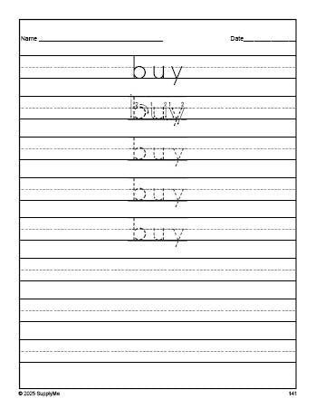 Free second grade sight word tracing worksheet, high frequency word 'buy', seventh 100 fry sight words, Dolch, PDF