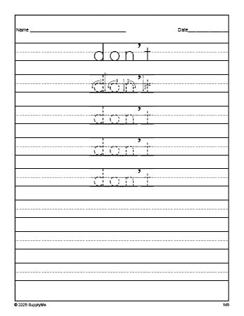 Free second grade sight word tracing worksheet, high frequency word 'don’t', third 100 fry sight words, Dolch, PDF