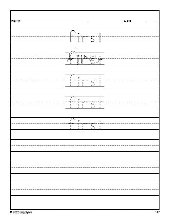Free second grade sight word tracing worksheet, high frequency word 'first', first 100 fry sight words, Dolch, PDF