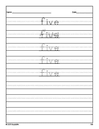 Free second grade sight word tracing worksheet, high frequency word 'five', fourth 100 fry sight words, Dolch, PDF
