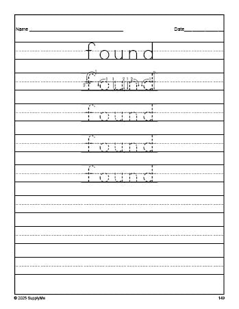 Free second grade sight word tracing worksheet, high frequency word 'found', second 100 fry sight words, Dolch, PDF