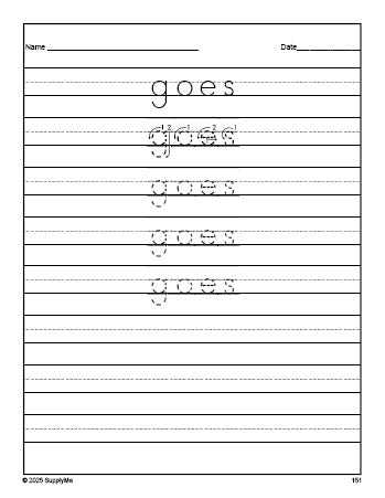 Free second grade sight word tracing worksheet, high frequency word 'goes', Dolch, PDF