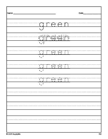 Free second grade sight word tracing worksheet, high frequency word 'green', fifth 100 fry sight words, Dolch, PDF
