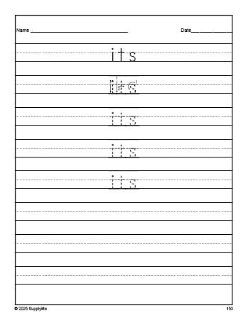 Free second grade sight word tracing worksheet, high frequency word 'its', first 100 fry sight words, Dolch, PDF