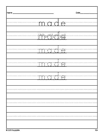 Free second grade sight word tracing worksheet, high frequency word 'made', first 100 fry sight words, Dolch, PDF