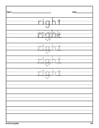Free second grade sight word tracing worksheet, high frequency word 'right', second 100 fry sight words, Dolch, PDF
