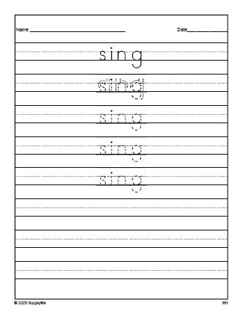 Free second grade sight word tracing worksheet, high frequency word 'sing', fourth 100 fry sight words, Dolch, PDF