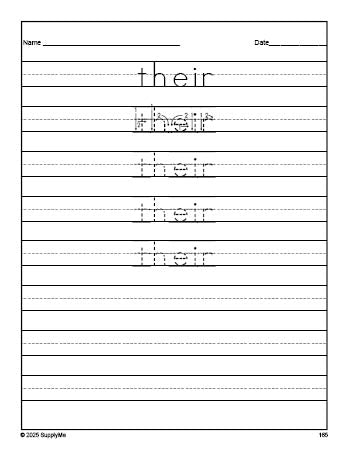 Free second grade sight word tracing worksheet, high frequency word 'their', first 100 fry sight words, Dolch, PDF