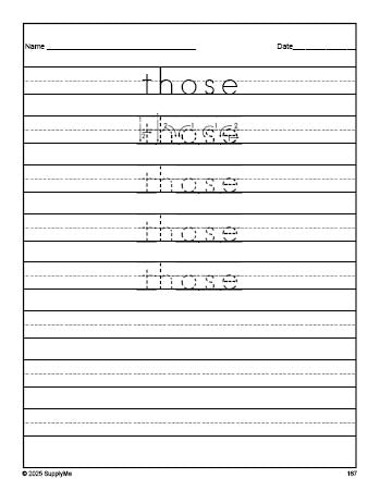 Free second grade sight word tracing worksheet, high frequency word 'those', third 100 fry sight words, Dolch, PDF