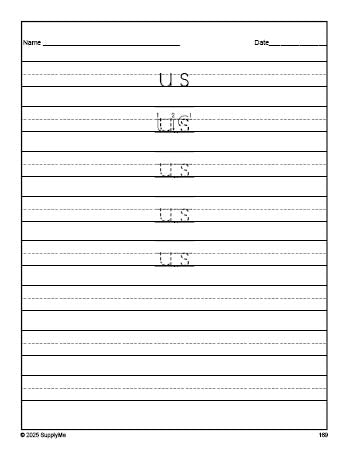 Free second grade sight word tracing worksheet, high frequency word 'us', second 100 fry sight words, Dolch, PDF