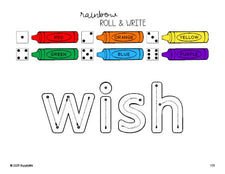 Free second grade worksheet, rainbow roll and write sight word tracing worksheet, beginner sight word for 2nd graders and high frequency word 'wish', sixth 100 fry sight words, Dolch, PDF