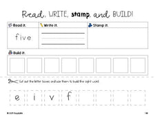 Free second grade worksheet, read, write, stamp, and build the beginner sight word for 2nd graders and high frequency word 'five', fourth 100 fry sight words, Dolch, PDF