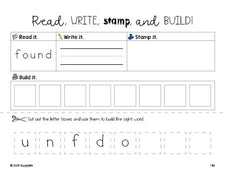 Free second grade worksheet, read, write, stamp, and build the beginner sight word for 2nd graders and high frequency word 'found', second 100 fry sight words, Dolch, PDF