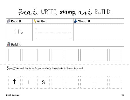 Free second grade worksheet, read, write, stamp, and build the beginner sight word for 2nd graders and high frequency word 'its', first 100 fry sight words, Dolch, PDF