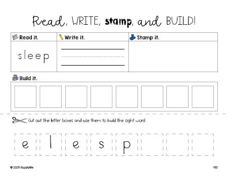 Free second grade worksheet, read, write, stamp, and build the beginner sight word for 2nd graders and high frequency word 'sleep', seventh 100 fry sight words, Dolch, PDF