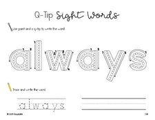 Free second grade worksheet, beginner sight word for 2nd graders and high frequency word 'always', sight word worksheet includes q-tip painting, sight word tracing and handwriting, third 100 fry sight words, Dolch, PDF