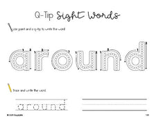 Free second grade worksheet, beginner sight word for 2nd graders and high frequency word 'around', sight word worksheet includes q-tip painting, sight word tracing and handwriting, second 100 fry sight words, Dolch, PDF