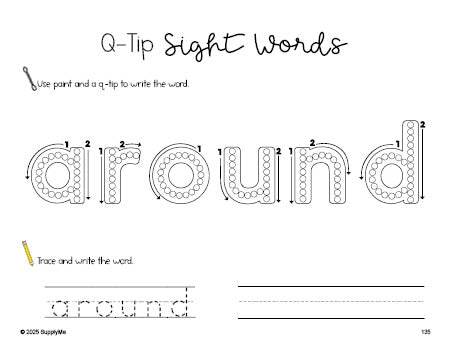 Free second grade worksheet, beginner sight word for 2nd graders and high frequency word 'around', sight word worksheet includes q-tip painting, sight word tracing and handwriting, second 100 fry sight words, Dolch, PDF
