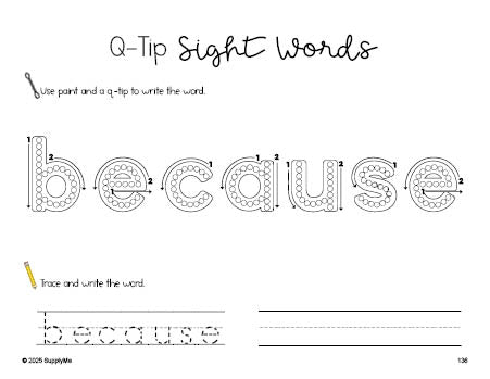Free second grade worksheet, beginner sight word for 2nd graders and high frequency word 'because', sight word worksheet includes q-tip painting, sight word tracing and handwriting, second 100 fry sight words, Dolch, PDF
