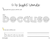 Free second grade worksheet, beginner sight word for 2nd graders and high frequency word 'because', sight word worksheet includes q-tip painting, sight word tracing and handwriting, second 100 fry sight words, Dolch, PDF