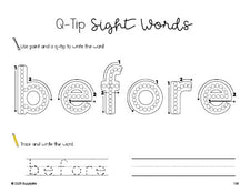 Free second grade worksheet, beginner sight word for 2nd graders and high frequency word 'before', sight word worksheet includes q-tip painting, sight word tracing and handwriting, second 100 fry sight words, Dolch, PDF