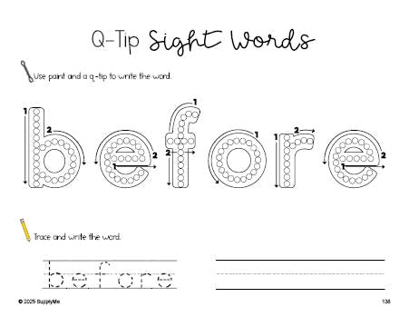 Free second grade worksheet, beginner sight word for 2nd graders and high frequency word 'before', sight word worksheet includes q-tip painting, sight word tracing and handwriting, second 100 fry sight words, Dolch, PDF